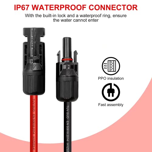 Solar Cable 6 mm²/4 mm², Solar Cable Extension 1/2/3/5/8/10/13/15 m, Solar Cable Extension Cable with Sockets and Plugs for Photovoltaic Solar Systems (Red/Black) 6 mm² 5 m