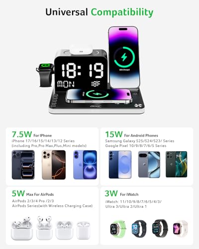 Acer Gadget 7-in-1 Wireless Charging Station Charger Stand for Multiple Devices for Apple - iPhone 17 16 15 14 13 12 Pro Max Apple Watch Airpods, Wireless iPhone Charger Station with Bluetooth TimeSyn