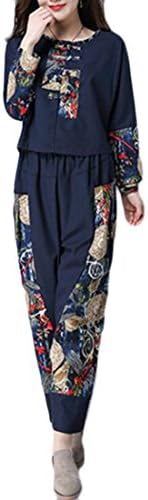 Xswsy XG Women Chinese Style Print 2 Pieces Set Cotton Linen Long Sleeve Tops+Wide Leg Pants Navy Blue M