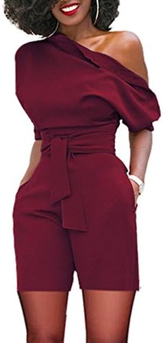 BeLady Women's Solid Plain Ruffles Irregular One Shoulder Rompers Jumpsuit Belted with Pockets