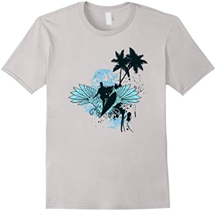 Mens With Surfer Summer Palm Waves Blue T-Shirt  XL Silver
