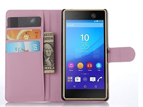 Sony xperia M5 Case - Flip Pu Leather Wallet Case Holder Cover with Stand / Card Slots for Sony xperia M5 (Wallet-Pink)