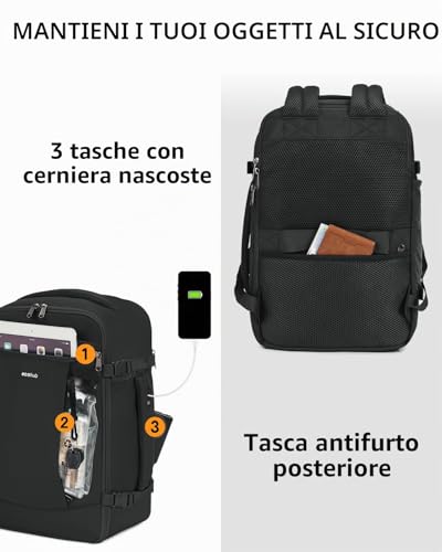 ECOHUB Ryanair 20L Backpack, 40 x 20 x 25 cm, Airplane Travel Backpack with 3D Laptop Compartment, Water Resistant Hand Luggage 40 x 20 x 25 cm, Ryanair, Recycled Travel Backpack for Women, Men, Black