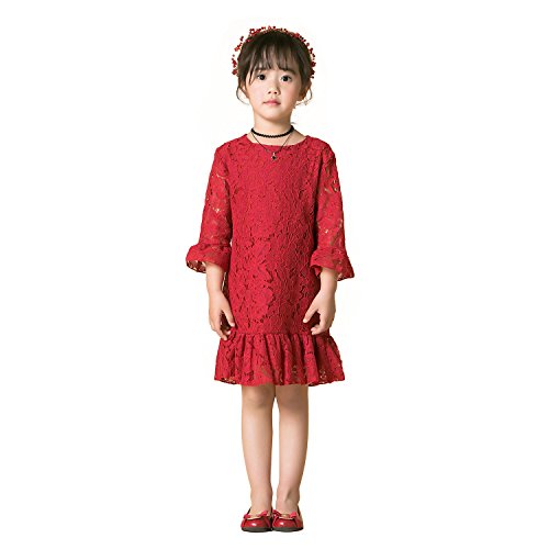 Flower Girl Dress Lace Toddler Country Dresses Wedding Party (4, Red)