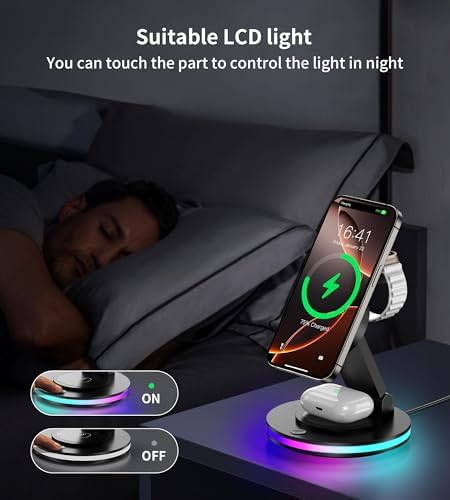 Cargador mag Safe, Estación de Carga 3 en 1 para Apple Watch y iPhone, Plegable, Giratorio con Ajuste de Luz, Cargador Inalámbrico Soporte de Carga para iPhone 16/15/14, AirPods (Sin Adaptador)-Negro