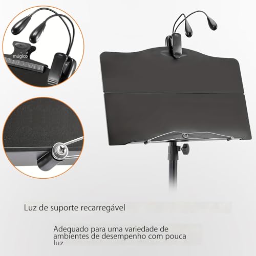 VEDO suporte de partitura é dobrável, possui suporte removível para microfone e telefone, é um dispositivo portátil e leve, com prendedor de partitura e bolsa para transporte de instrumentos musicais.