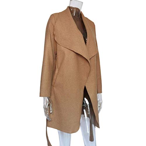 Elogoog Women's Casual Open Front Cardigan Wide Lapel Woolen Trench Coats with Belt (XXL, Khaki) - Thumbnail 3