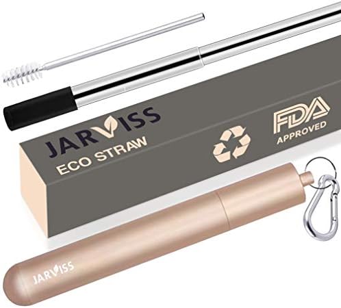 Jarviss Collapsible Straw - Reusable Straws with Portable Case, Stainless Steel Metal Straws, Folding Straw for Drinking, Includes Cleaning Brush, Carabiner Clip and Silicon Protective Tip (Rose Gold)