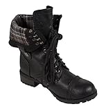 Soda Women's Oralee Lace-up Combat Folded Cuff Riding Mid-Calf Boots