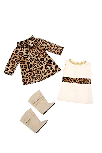 Fashion Girl - 3 piece outfit - Cheetah Coat, Ivory Dress and Ivory Boots - 18 Inch Doll Clothes (doll not included)