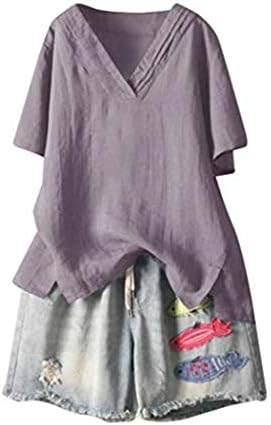 Cewtolkar Women Summer Blouse Plus Size Shirt Cotton and Linen Tops V Neck Tunic Short Sleeve Tees Casual T Shirt