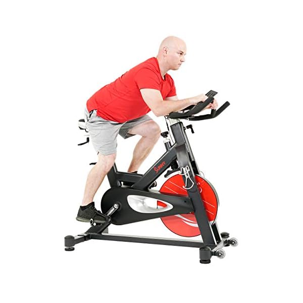 Sunny Health & Fitness Indoor Stationary Exercise Bike, 4-Way Adjustable Seat for Cycling Cardio workout at Home, Optional 49 LB Flywheel, Heavy-Duty & Free SunnyFit App Bluetooth Connect
