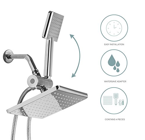 FLOWELL AMG and Enchante Accessories - Silicon Valley High Pressure Rainfall Shower Head Set (160 Jets - Combined) with Modern Design, Chrome Finish with Water Diverter and Hose, SH455A - Thumbnail 3