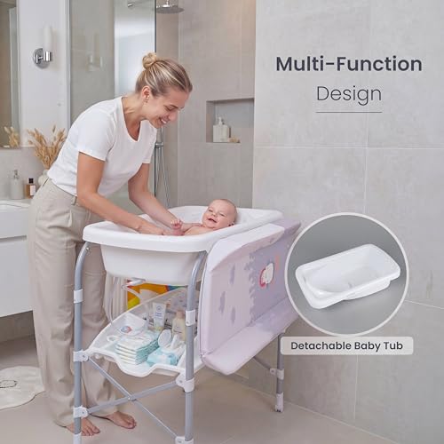 Jikel Ripple Standing Bath and Changing Table,Compact and Easy Folding,Wheeled, Drain Pipe,Parent Organizer,Standalone Bathtub, One-Handing Folding(Grey)
