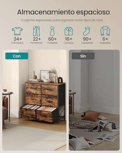 SONGMICS BELLAH Collection - Chest of Drawers, Steel, Bedroom, Wardrobe, Hallway, Living Room, 6 Drawers, Rustic Brown and Black Ink LGS123BH04