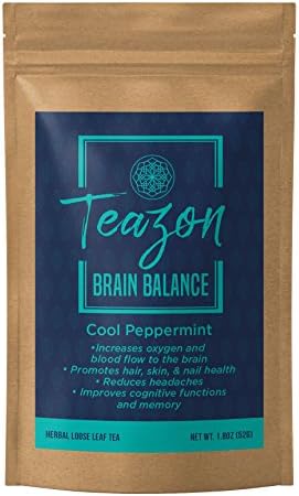 Brain Balance Cool Peppermint Heart, Hair, Skin, and Nail Health Teazon Loose Leaf Tea | USA Formula | Supports Cognitive Brain Function and Memory | Athletic Workout Recovery | Resealable Bag 20 servings (1.8 oz)