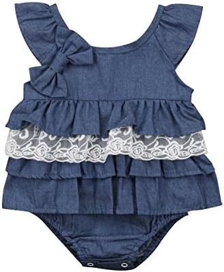 Lahyra Newborn Baby Girl Denim Romper Ruffle Jumpsuit Sleeveless Bodysuit Bow Summer Clothes (Blue, 0-6 Months)