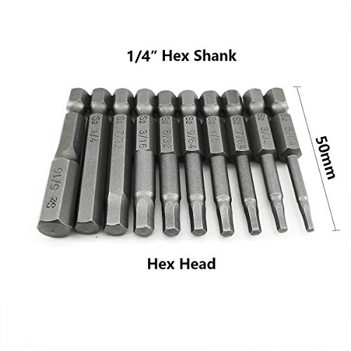 10 Pcs Hex Head Allen Wrench Screwdriver Bit Set 1/4 Inch Hex Shank 2 Inch Length Magnetic Tips 5/64", 3/32", 7/64", 1/8", 9/64", 5/32", 3/16", 7/32", 1/4", 5/16" Screwdriver Bits -Full Range Tool Set