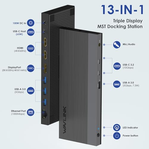 WAVLINK 13-in-1 USB-C Triple Display Docking Station, Supports 100W Charging for PC, Max 4K@144Hz/8K@30Hz (DP), Dual 4K@60Hz (HDMI), USB 3.0, Gigabit Ethernet, Audio Jack for Windows and Mac OS