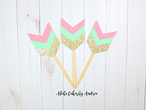 Tribal Baby Shower Cupcake Toppers, Coral Spearmint and Glitter Gold, Its A Girl, Be Brave Little One, Chevron Arrow Cupcake Toppers, Baby Shower Decorations, Wedding, Set of 12