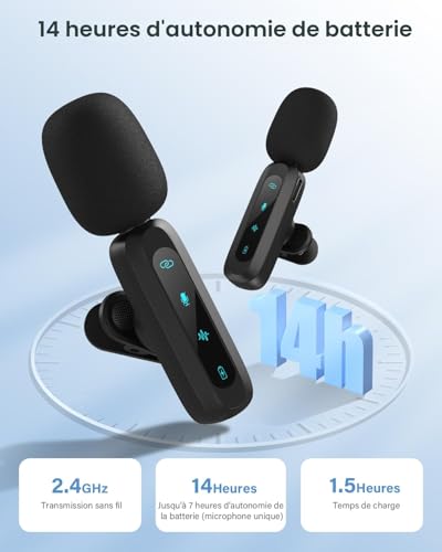 Wireless Lavalier Microphone for iPhone, iPad, Android Phone, 2-Pack Mini Microphone with Noise Reduction, Auto Pairing, Mute and Reverb for Vlogging, Video Recording