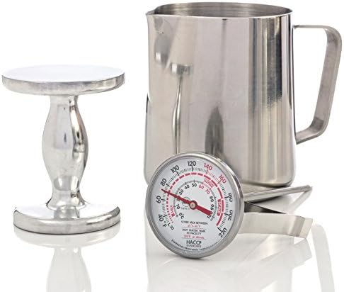 Milk Frothing Pitcher COMPLETE Starter Kit - Stainless 12 oz Frothing Pitcher, Large Face Milk Thermometer, and Espresso Coffee Ground Tamper