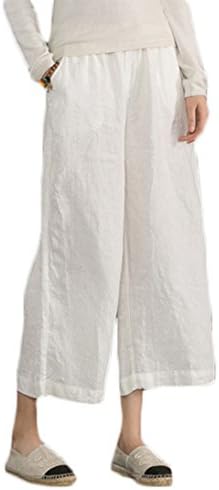 Women Cotton Linen Elastic Waist Casual Loose Wide Leg Palazzo Pants with Pockets