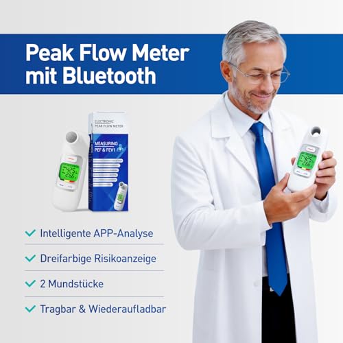 Peak Flow Meter with Bluetooth, App Analysis, PEF FEV1 Mssen, Rechargeable | 300 histotic data, 2 mouthpieces, red, yellow, green risk indicator, for asthma COPD, portable, monitoring lung function