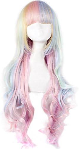 Blanna 28" Long Natural Wavy Lolita Cosplay Wigs Heat-Resistant Synthetic Wigs for Women and Girls(Light Blue-light yellow-light Pink)