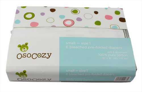 OsoCozy 6 Pack Prefolds Bleached Cloth Diapers, Size 1