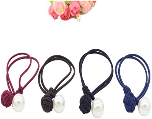 No Crease Pearl Hair Tie Bands Ropes Ponytail Holders Elastic Ribbon Ponytail Holders Hair Bands (set of 4pcs big pearl) for Womens &amp; Girls