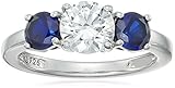 Platinum-Plated Sterling Silver Swarovski Zirconia Round-Cut Center Stone and Created Sapphire Ring, Size 7
