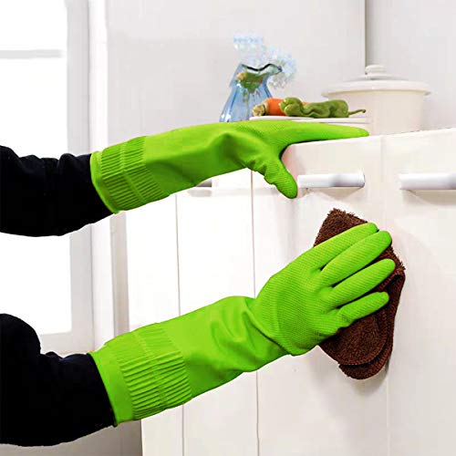 Malier Pack of 2 Pairs Rubber Cleaning Gloves, Extended Kitchen Dishwashing Gloves, Waterproof Reusable Household Cleaning Gloves with Cleaning Cloth (Medium, Green)