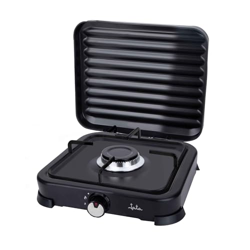 JECG2721 - Cocina de gas portátil de 1 fuego con parrilla. Apta para butano y propano. Con tapa protectora extraíble. Ideal para camping. Ocupa poco espacio