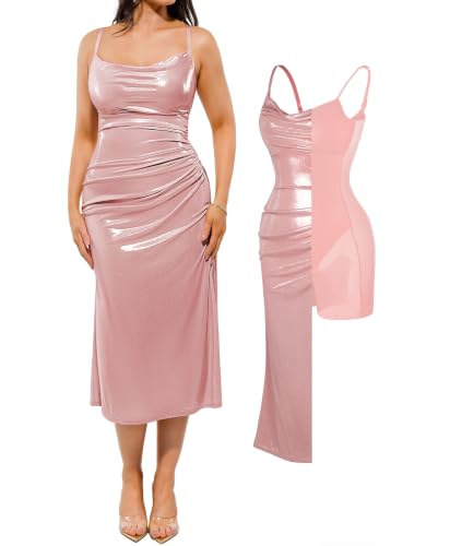 Popilush Cocktail Dresses for Women Built-in Bra Shapewear Midi Pink M at Amazon