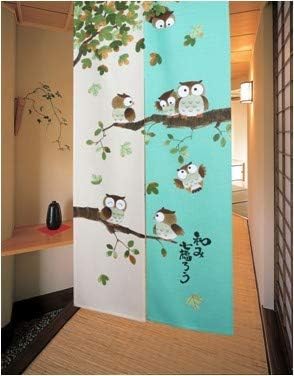 MSFREN Japanese Noren Doorway Curtain Tapestry with Owls Green