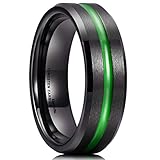 King Will Loop Mens 7mm Black Brushed Grooved Green Thin Line Tungsten Carbide Wedding Ring Beveled Edge