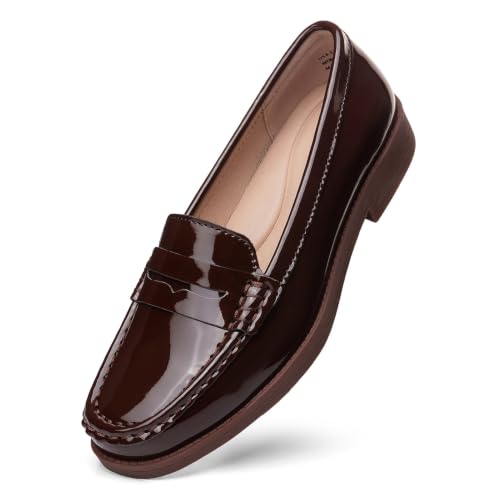 Geoeleph Women's Comfortable Leather Penny Loafers Cute Slip on Business Casual Dress Shoes Office Work Flats Lightweight Everyday Walking Shoes for Women, Coffee Patent, 8.5 M US - Used condition - US$44.15