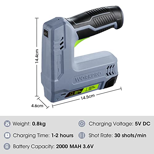 WORKPRO - Cordless Stapler (3.6V, 2000mAh, 2000 Staples, 2 in 1 Multifunction Stapler, Compatible with Type 53 Nails and Staples 8 for DIY Furniture Projects, Woodworking (Grey) | Multifunction Stapler Compatible with Nails and Staples Type 53/8 for DIY, Furniture and Carpentry