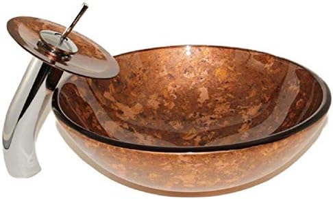 Golden Autumn Glass Sink with Waterfall Faucet; Glass Vessel Sink and Faucet Combo; Bathroom Round Bowl with Matching Glass Faucet; Above The Counter Sink; Art Design; Rose Gold Sink Color