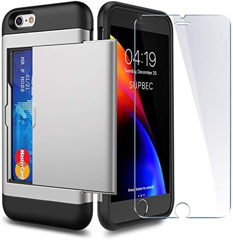 iPhone 6 / 6s Case with Card Holder and[ Screen Protector Tempered Glass x2Pack] SUPBEC i Phone 6 / 6s Wallet Case Cover with Shockproof Silicone TPU + Anti-Scratch Hard PC - Full Protective(Silver)