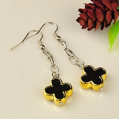 1 Pair of Fashion Dangle Earrings, with Enamel Acrylic Beads, Iron Cross Chains and Brass Earring Hooks, Black