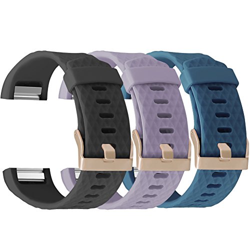 UMAXGET for Fitbit Charge 2 Bands Rose Gold Buckle, Silicone Replacement Strap for Fitbit Charge 2 Special Edition Lavender, Pack 3 Black&Light Purple&Gray Green Small