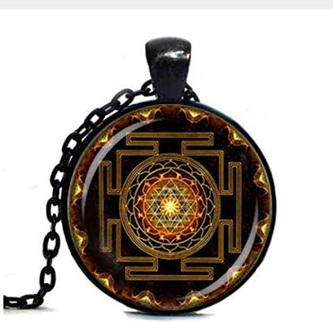 Steampunk Sri Yantra Mandala Glass Pendant Necklace,Handmade Buddhist Sacred Geometry Jewelry Charm Gift