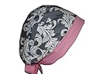 Surgical Scrub Hat Chef Nurse Cap Flirty Front Fold Pixie Grey White Damask Pink