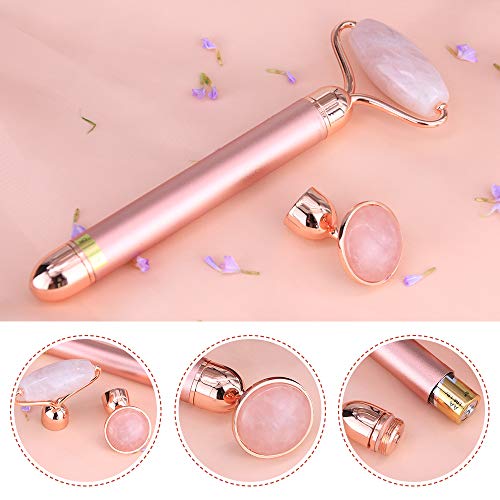 2-IN-1 Electric Jade Facial Roller Massager Nature Rose Quartz Vibrating Face Roller Set Anti Aging Anti Wrinkles Skin Tightening Facial Skin Care Tools Kit