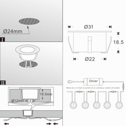 INDARUN WiFi Recessed Floor Lamp RGB Waterproof IP67 Ø31 mm – Lighting for Patio, Patio, Path, Wall, Garden, Decoration, Indoor and Outdoor (20 Pieces)