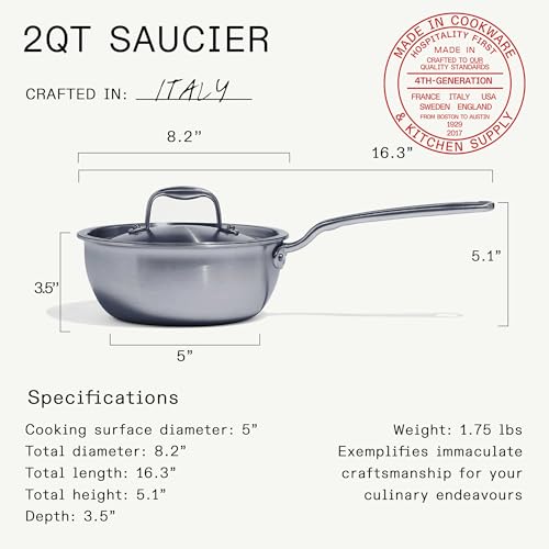 Made In Cookware - 2 Quart Stainless Steel Saucier Pan - 5 Ply Stainless Clad - Professional Cookware - Crafted in Italy - Induction Compatible