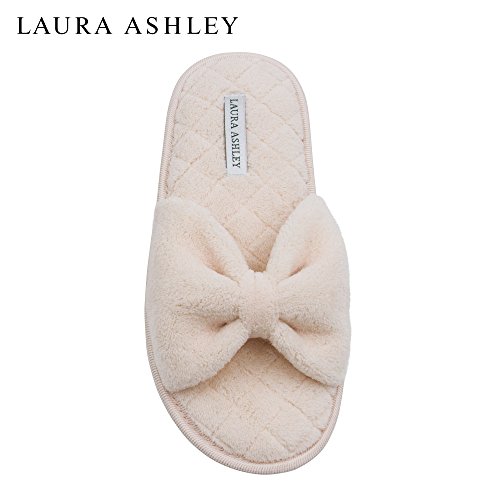 Laura Ashley Ladies Plush Open Toe Spa Slippers With Bow and