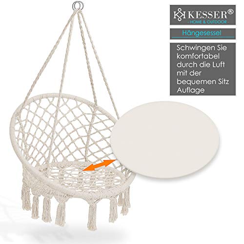 KESSER® Hängesessel 150kg mit 2 Stahlringe Sitzpolster geflochten Fransen Hängestuhl Hängekorb Schaukelkorb Garten Indoor wetterfest, wasserabweisend, Beige – Bild 3